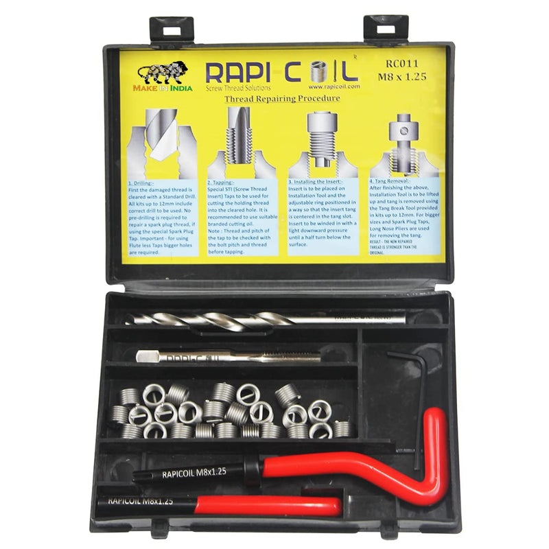 M8 x 1.25 Thread Repair Helicoil Kit, HSS M2 Tap & Drill, SS 304 Wire Inserts - Made in India M8 x 1.25