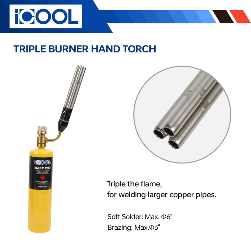 ICOOL Triple Flame Hand Torch, Maximum Temperature 3600℉, Propane MAPP Gas Torch for Welding Brazing Plumbing HVAC
