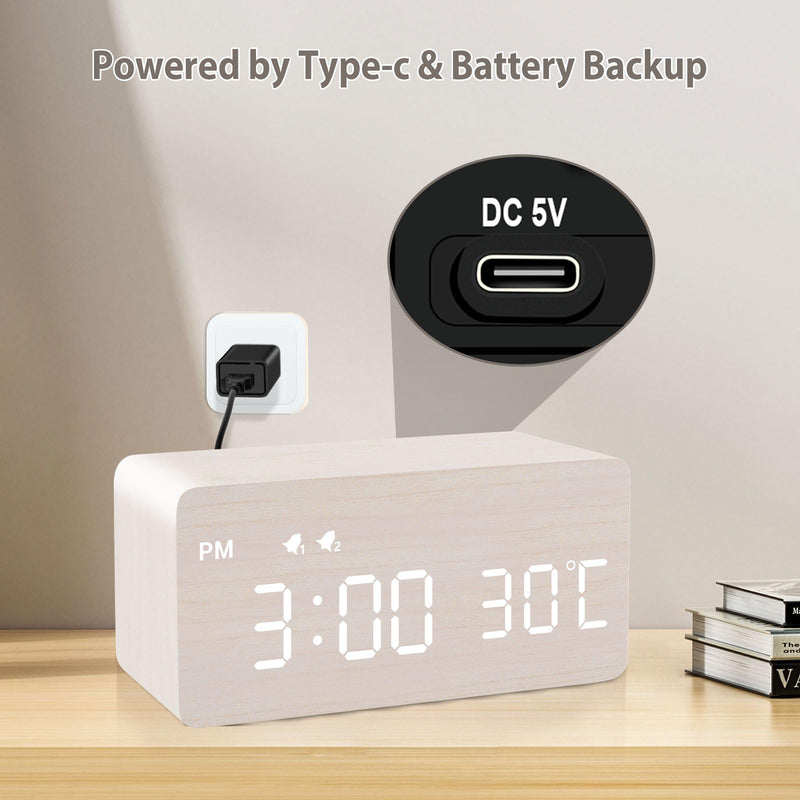 MOSITO Digital Wooden Alarm Clock with Wireless Charging, 0-100% Dimmer, Dual Alarm, Weekday/Weekend Mode, Snooze, Wood LED Clocks for Bedroom, Bedside, Desk, Kids (White) White