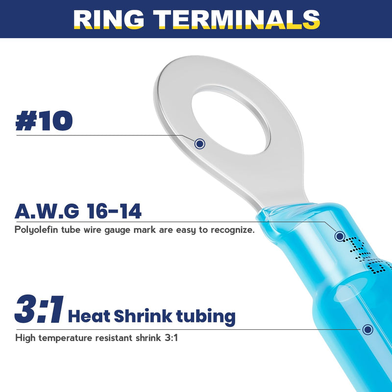 haisstronica 200PCS Heat Shrink Ring Terminals #10 Marine Grade Wire Connectors Blue AWG 16-14 Gauge, Tinned Red Copper 0.7mm Resistant Ring Connectors, Brazed-Seam Insulated Electrical Crimp Ring #10