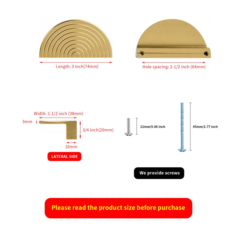 BaiNong 4 Pack Gold Drawer Pulls 3" Cabinet Handles Traditional Retro | Cabinet Pull 2.52" Hole Center for Kitchen Cupboard Bathroom Dresser Cabinet Hardware Handles 4 Pack 3" Semicircle
