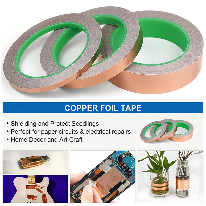 3 Pack Copper Foil Tape, 3 Size Double-Sided Conductive Copper Tape for Stained Glass, DIY Handicrafts, Crafting, Guitar