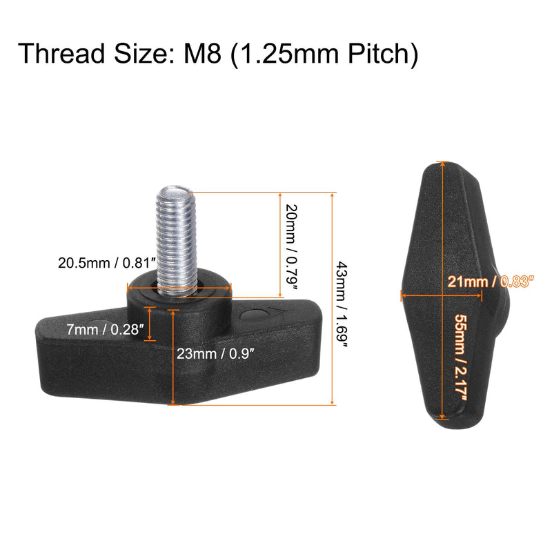 HARFINGTON 4pcs Tee Wing Knobs M8 x 20mm Metric Male Threaded Stud 55mm T Head Plastic Knob Handles Thumb Screws Hand Clamping Tightening Knob Grip Thumbscrew, Black M8 x 20mm x 55mm