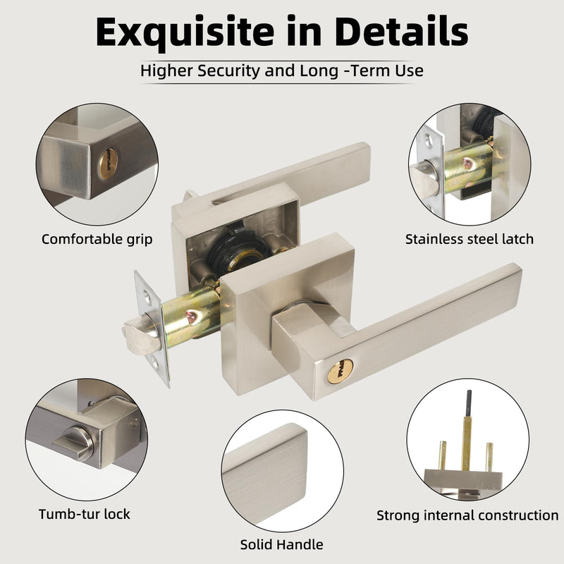 Entrance Lever Door Handle , Square Door Lever for Bedroom or Office, Passage Door Privacy Locking Interior/Exterior Entry Door Knob Silver