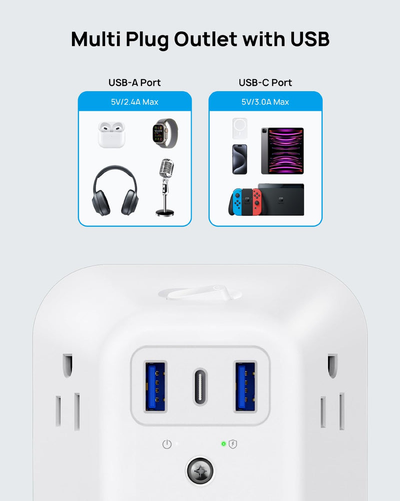 TROND Outlet Extender Surge Protector, 8 Outlet Splitter with 3 USB Ports(1 USB C), 1440J Electric Plug Multiplier, Multi Plug with ON/OFF, 3 Way Multiple Wall Extension Adapter for Home School Office 8 AC Outlets