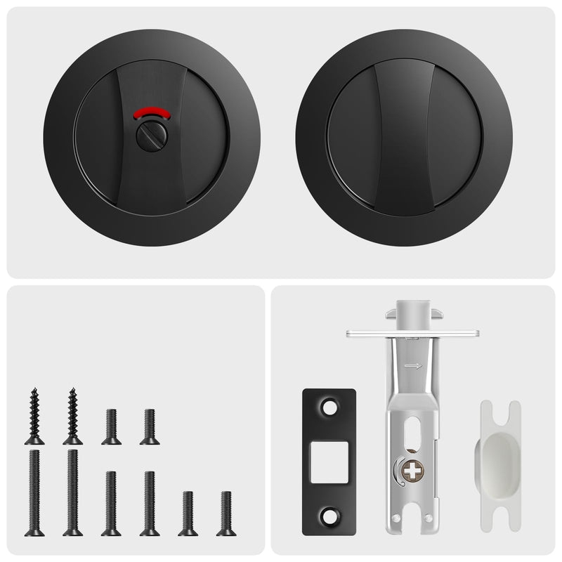 Matte Black Pocket Door Hardware with Indicator, Contemporary Privacy Round Pocket Door Lock, Heavy Duty Flush Pocket Door Hardware for Bathroom, 2-3/8" Backset, Matte Black Privacy with Indicator