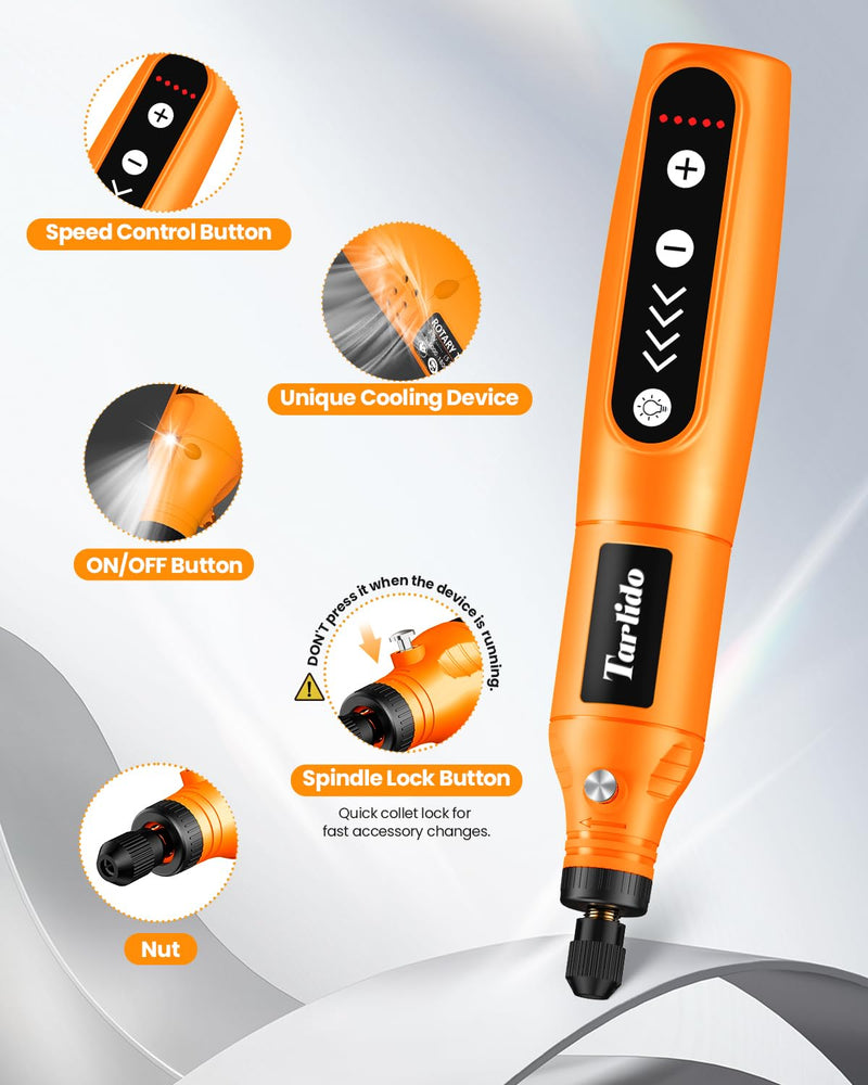 Rotary Tool - 3.7V Cordless Rotary Tool Kit 2.0Ah 18000RPM 5-Speed EngraverTool with 31 Accessories, Mini Rotary Tool for Engraving,Sanding, Grinding, Polishing, Carving, Etching, DIY-Orange Orange