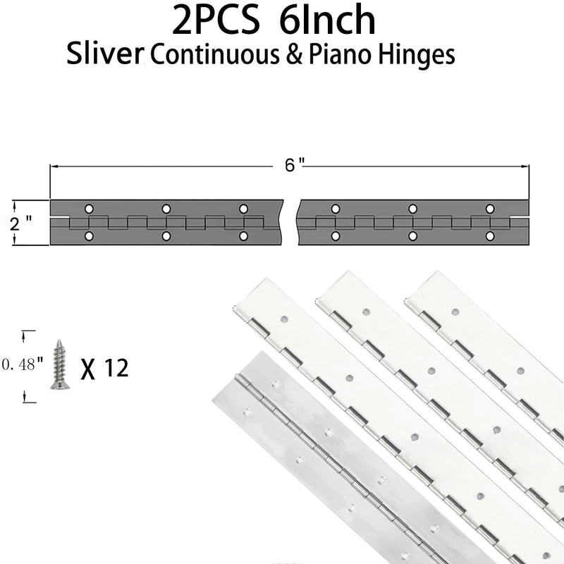 2PCS Silver 6-Inch Heavy Duty Stainless Steel Piano Hinge,2" Open Width Continuous Piano Hinges for Wood Furniture Tool,Piano Cabinets, Includes Pre-Drilled Holes and Screws. 6"-2PACK