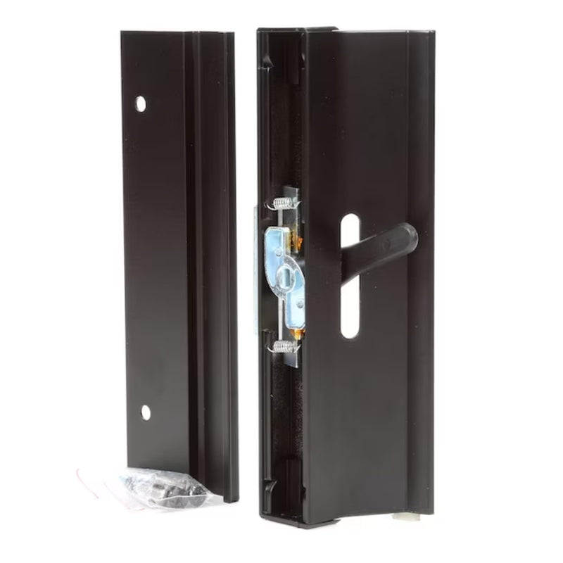 Sliding Patio Glass Door Handle Diecast Sliding Door Handle Set Anodized Black w/ 4-15/16" Hole Spacing – Extruded Aluminum Inside Pull Painted Black – Diecast Pull - Clamp Latch w/ Metal Activator