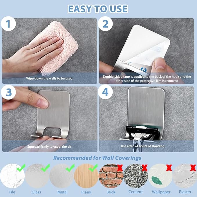 Leryati Razor Holder Shower, Pack of 2 Silver Razor Holder Shower No Drilling, Stainless Steel Razor Holder, Robust Self-Adhesive Razor Hanger Shower Suitable for Door Wall Bathroom Kitchen Silver × 2 - NewNest Australia