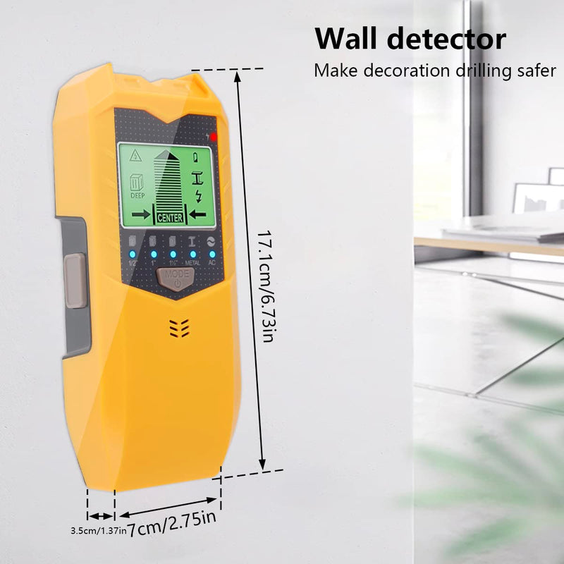 Stud Finder Wall Scanner, 5 in 1 Electronic Stud Sensor, Metal Detector Wall Scanner, Wall Wood Detector Scanner with LCD Display & Audio Alarm for Wood Metal Pipe Studs AC Wire Detection (Yellow)