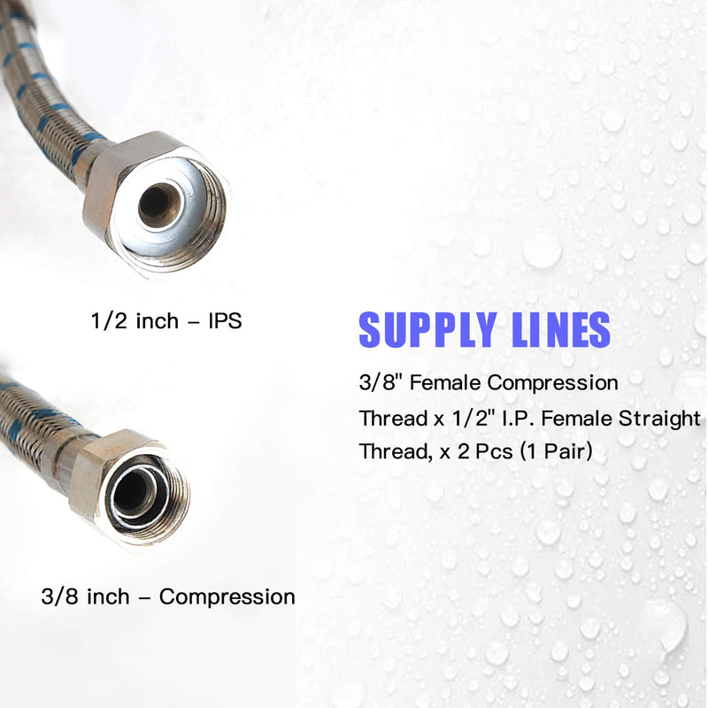 BWE 32" Length Faucet Connector, Braided Stainless Steel - 3/8" Female Compression Thread x 1/2" I.P. Female Straight Thread, x 2 Pcs (1 Pair) 32inch