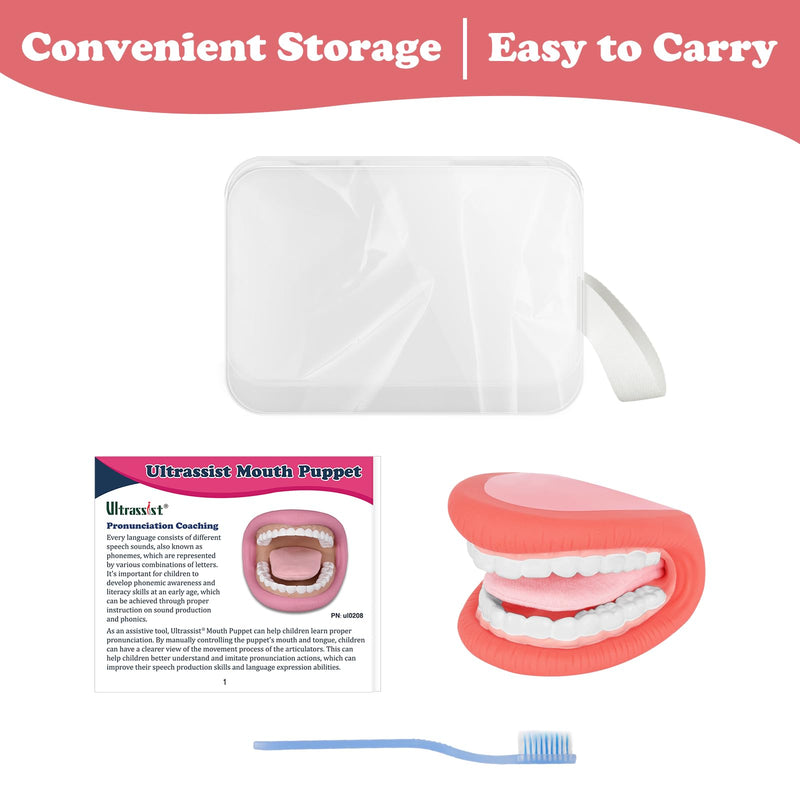 Ultrassist Large Mouth Hand Puppet with Tongue for Kids, Mouth Puppet for Speech Therapy, Include Toothbrush & Storage Bag