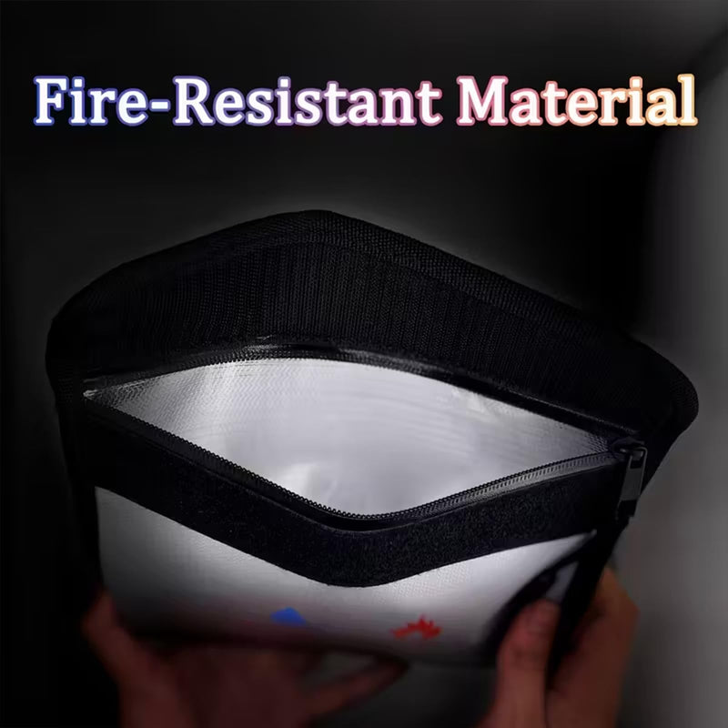 Fire-resistant document pouches, including a set of fire-resistant wallet security pouches, measuring 15 x 11 in and 9 x 7 in, with a non-irritating silicone coating, for Money, Documents and Passport