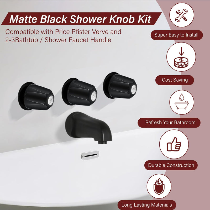 Black Shower Knob Replacement Kit,Shower Knobs Include Base Connectors Screws,Bathtub Faucet Handle Remodel Trim Kit,Compatible with Pfister Verve Tub Shower Knob Replacement,Shower Faucet Handle Shower Knobs Set-001