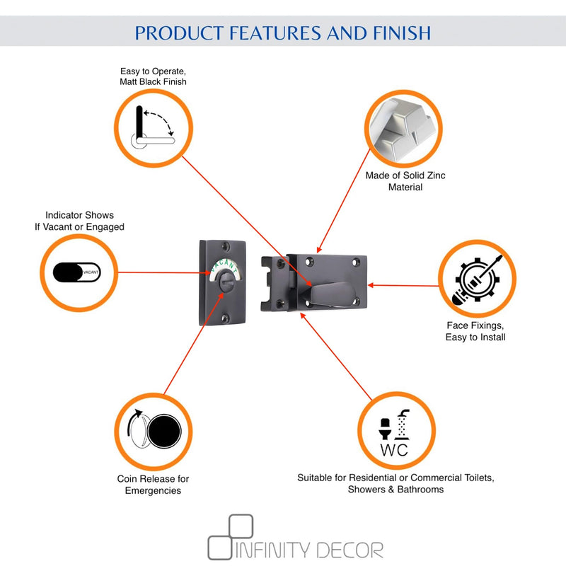 Infinity Decor Black Vacant and Engaged Indicator Bolt, Zinc Bathroom Privacy Toilet Door Latch Lock