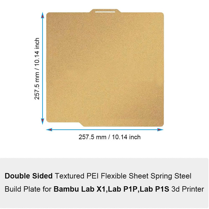 PEI Sheet for Bambu Lab X1/X1C/X1E/P1P/P1S/A1 Carbon Build Plate Heated Bed Spring Steel Flexible Platform 257.5x257.5 mm Double Side Textured Board for 3D Printer (Gold) Double Sided Textured PEI (Gold)