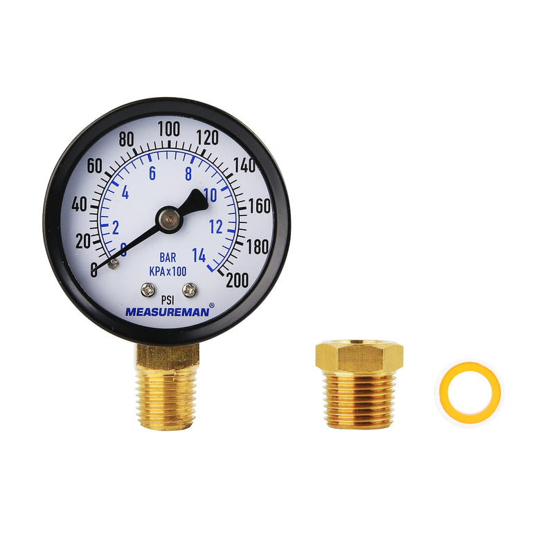 Measureman 2" Well Pump Pressure Gauge, 0-200psi/bar, 1/4" NPT Male with 1/2" NPT Adaptor, +/-3-2-3% Accuracy，Lower Mount 2" 0-200 psi Lower Mount