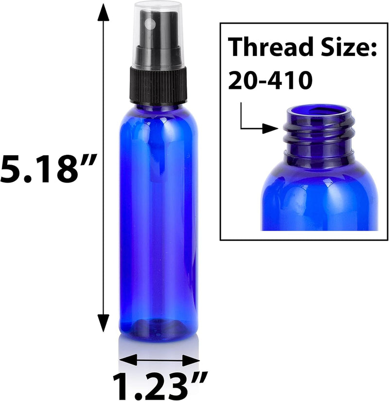 JUVITUS (24 Pack) 2 oz Plastic Cobalt Blue Boston Round Bottles with Black Fine Mist Spray + Labels