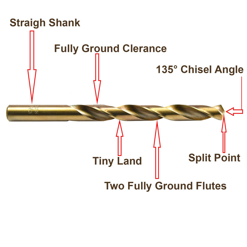 MAXTOOL 1/2" 2pcs Identical Jobber Length Drills HSS M35 Twist Drill Bits 5% Cobalt Fully Ground Golden Straight Shank Drills; JBF35G10R32P2