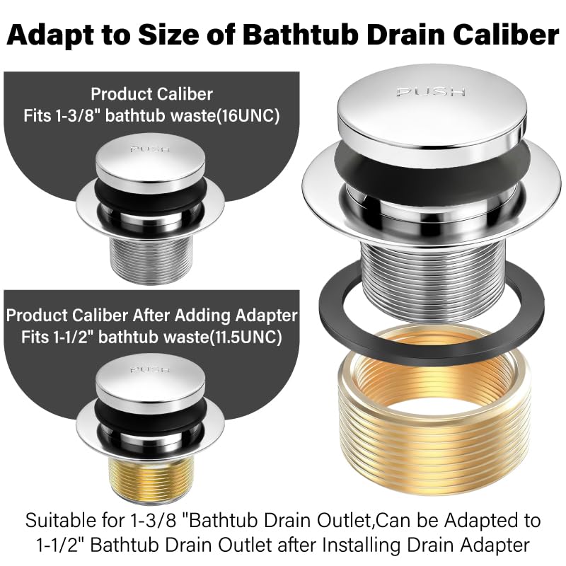 Tub Drain Tip-Toe Trim Set with Two-Hole Overflow Faceplate,Bath Tub Drains Conversion Kit with Universal Fine/Coarse Thread,Replacement Bathtub Drain Stopper Assembly(Chrome) Bathtub Drain-chrome Plated