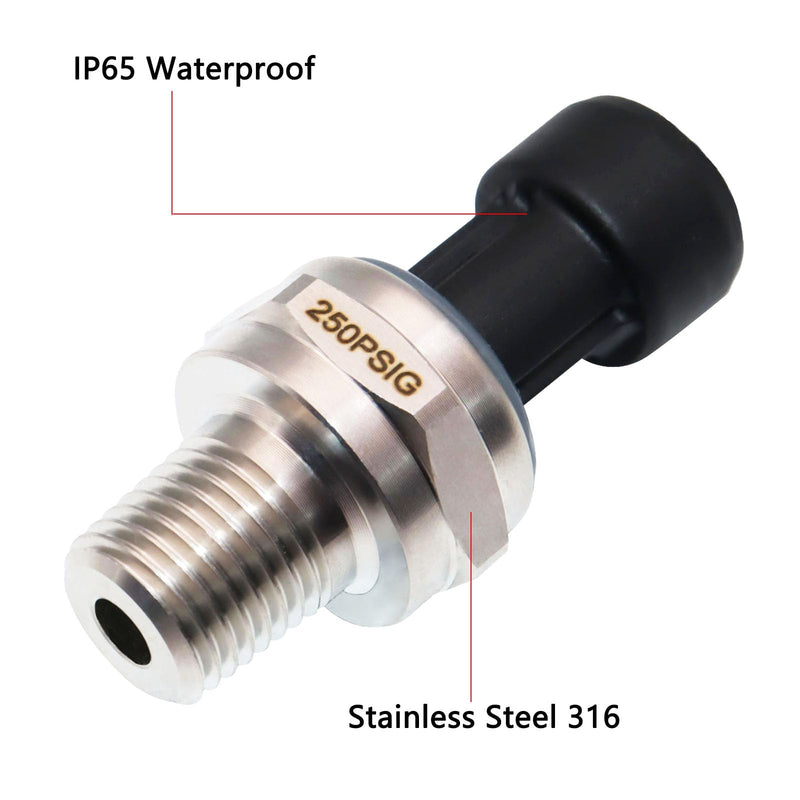 250 Psi Oil Fuel Pressure Sensor Transducer Sender with Harness Kit for Oil Air Fuel Gas Water 1/4" NPT Thread 316 Stainless Steel 0-250 Psi Oil Pressure Sensor Transmitter