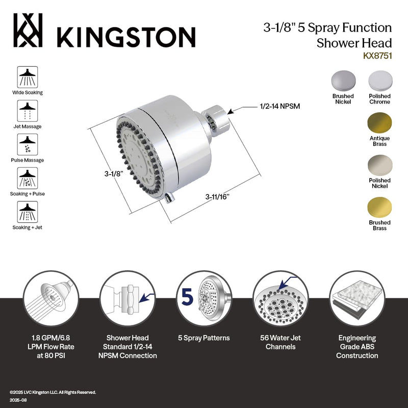 Kingston Brass KX8758 Vilbosch 3" Round 5-Function ABS Shower Head, Brushed Nickel 3-1/8" (L) x 3-1/8" (W) x 3-11/16" (H)