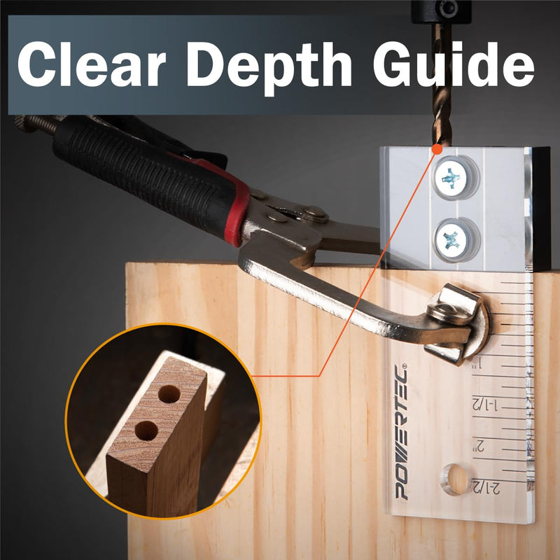 POWERTEC 71716 Dowel Drilling Jig with laser cut witness mark, included depth scale, Cobalt M-35 Drill Bit and Split Ring Stop Collar, 3/8-Inch 3/8" Dowel Drilling Jig