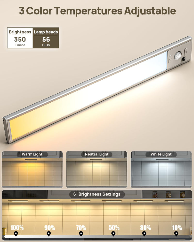 Under Cabinet Lights,12'' Rechargeable Battery 350 Lumens Motion Sensor Indoor Light Wireless Counter Light,3 Color Temperature Dimmable Closet Lighting with Remote Control for Kitchen,Stairs,Wardrobe White 5 Pack