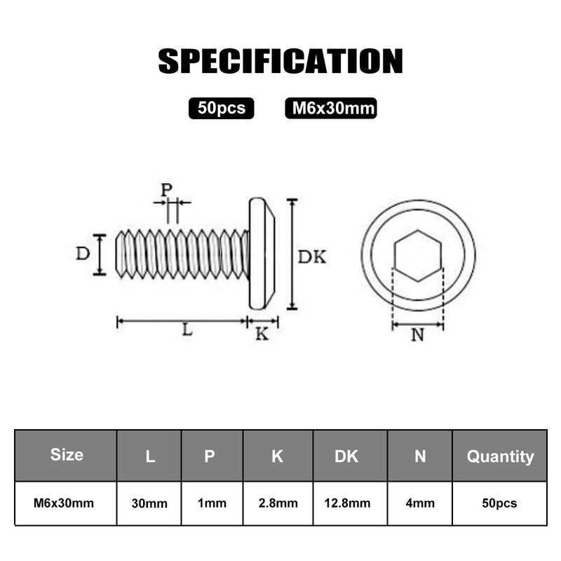 M6-1.0 x 30 mm 50Pcs Flat Head Hex Socket Cap Screws Bolts,304 Stainless Steel 18-8,Full Thread,Hex Spanner Included (VG30108) M6 x 30-50pcs Silver
