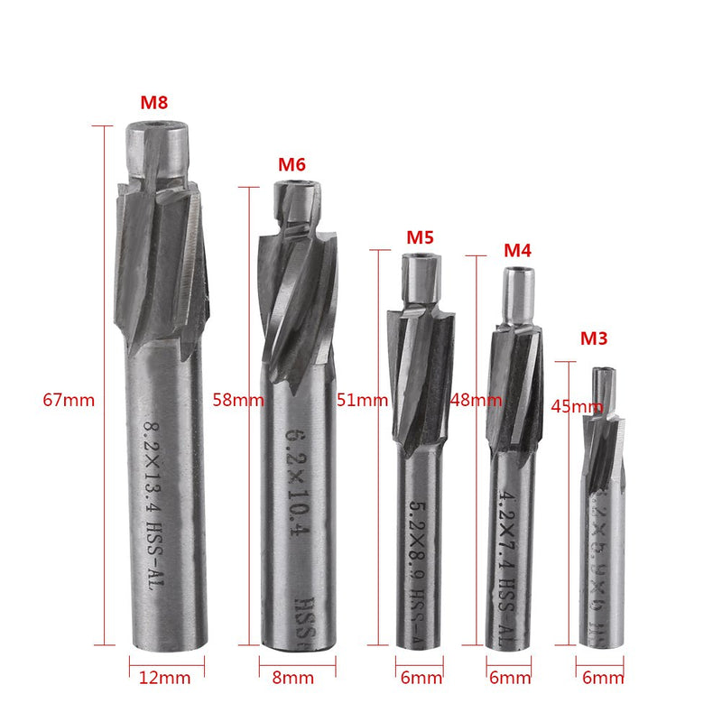 5pcs Counterbore Drill Bits Set, 4 Flutes Straight End Mill Cutter HSS Countersink Slot End Mill Cutter M3-M8 for Copper Aluminum Cast Iron