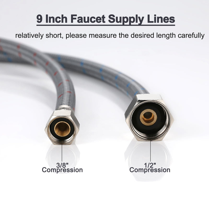 Faucet Supply Lines, ARCORA 9" Length Bathroom Kitchen Faucet Connector Braided Nylon Water Supply Line 3/8" Comp x 1/2" Comp 2Pcs (1 Pair) 9 Inch