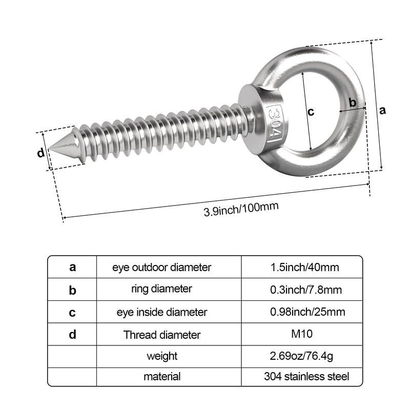 KIBBEH 4-Inch M10 Heavy Duty Eye Hooks, 304 Stainless Steel Self Tapping Eyelet Screw – 700LBS Load Capacity for Secure Hammock, Swing Chair, & Yoga Use (2 Pack)