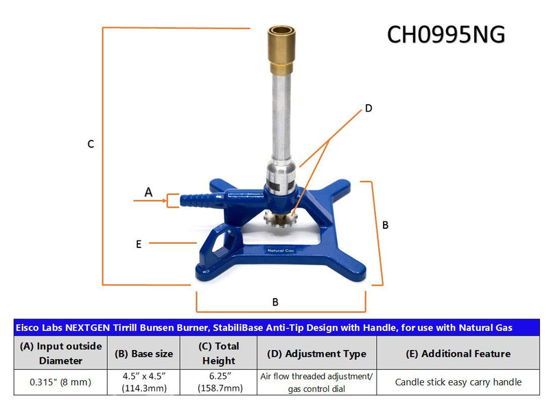 EISCO Tirrill Bunsen Burner, Natural Gas - Gas Flow Control, Flame Stabilizer, Air Flow Adjustable - Cast Iron StabiliBase, Anti-Tip Design with Handle - Suitable for use with Natural Gas