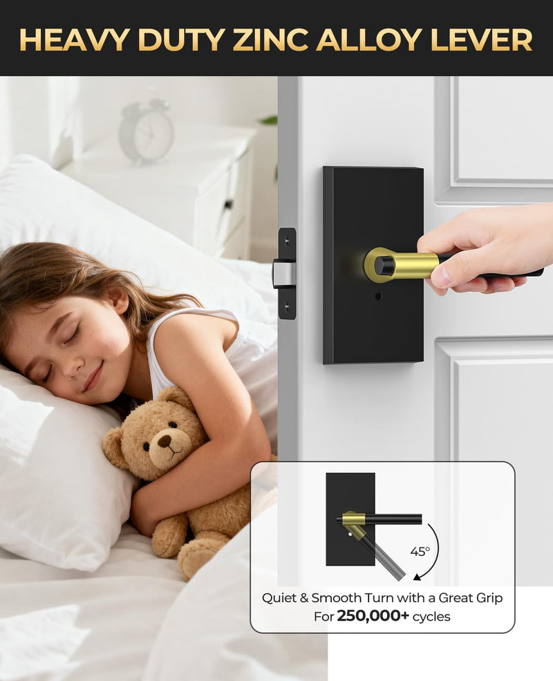 Black and Gold Door Handles Interior with Lock, Zinc Alloy Rectangular Modern Privacy Lever Door Knobs Interior for Bathroom Bedroom, Left or Right-Handed,1 Pack 1