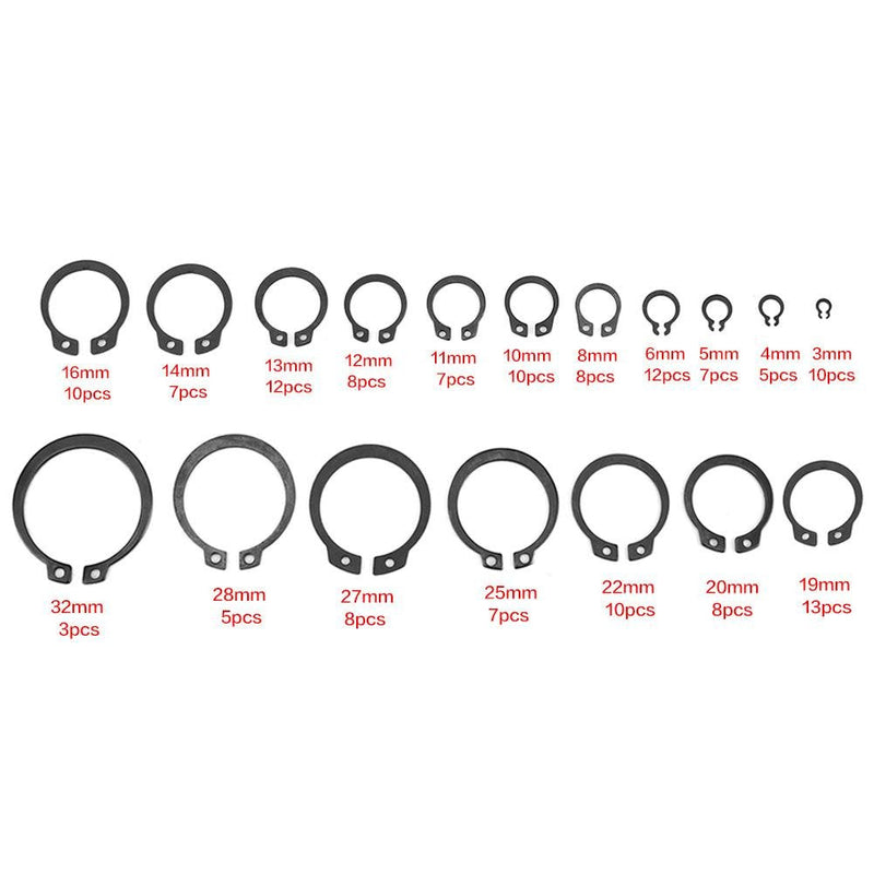 150pcs Black C Clips Snap Ring Shop Assortment Internal External Lock Snap Retaining Ring Metal Circlip for Industrial Fasteners 18 Sizes with Box Size 3mm - 32mm
