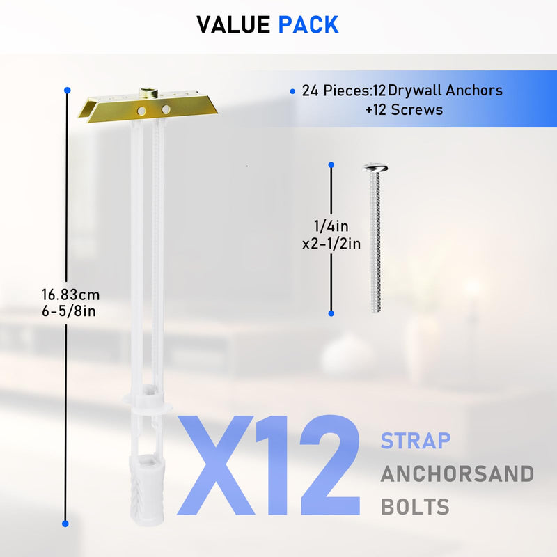 Drywall Anchor with Included Bolts for 1/4”-20, Heavy Duty Hollow Drywall Anchors for TV Mounting Kit, Hollow Wall Anchors Holds up to 270lbs Each in 1/2” Drywall, 12 Packs Pack of 12