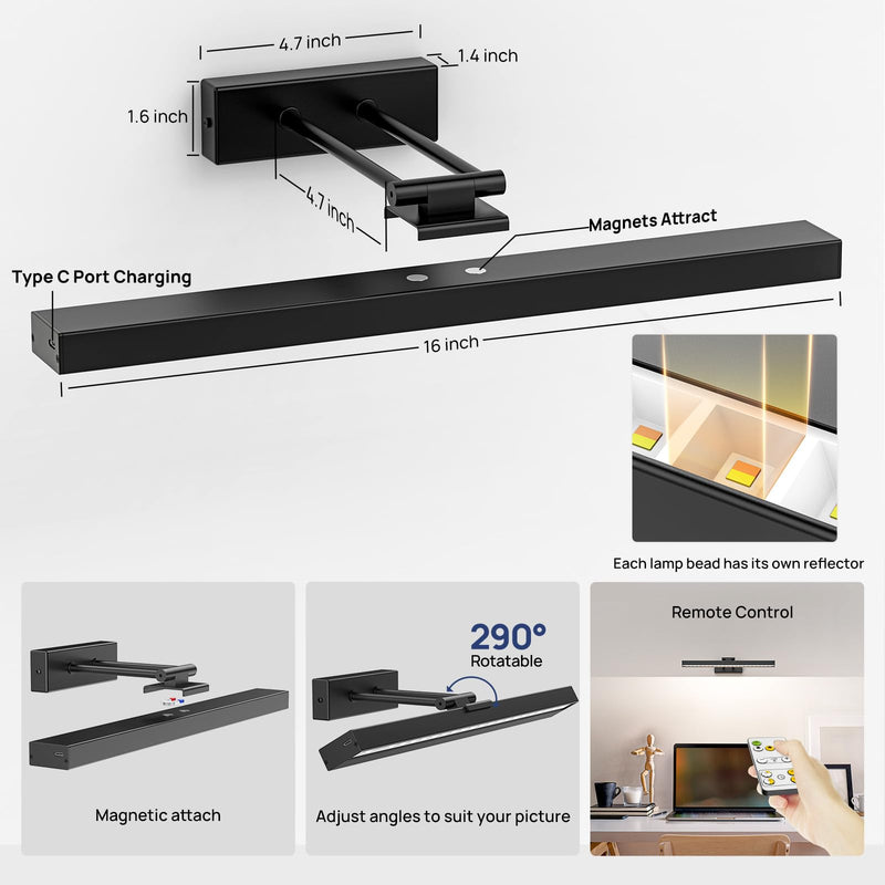 PESUTEN Picture Light Battery Operated, 16in Wireless Art Light for Paintings CCT Dimmable Recharging Battery Picture Light with Remote Control for Gallery Dartboard Art Bedroom Bathroom Black - NewNest Australia