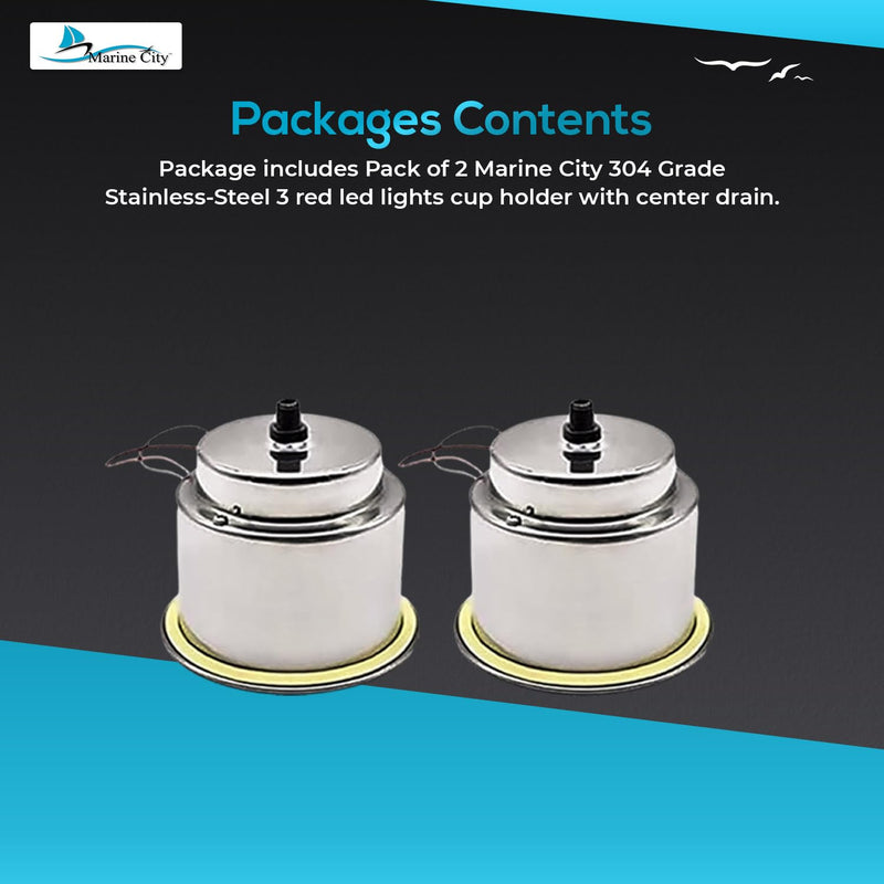 MARINE CITY Red LED Lights Cup Holder with Drain, 304 Grade Stainless Steel, Durable, Corrosion-Resistant, Easy Installation for Boats, Marines, Yachts, Ships, Kayaks (Pack of 2) 2 Pcs