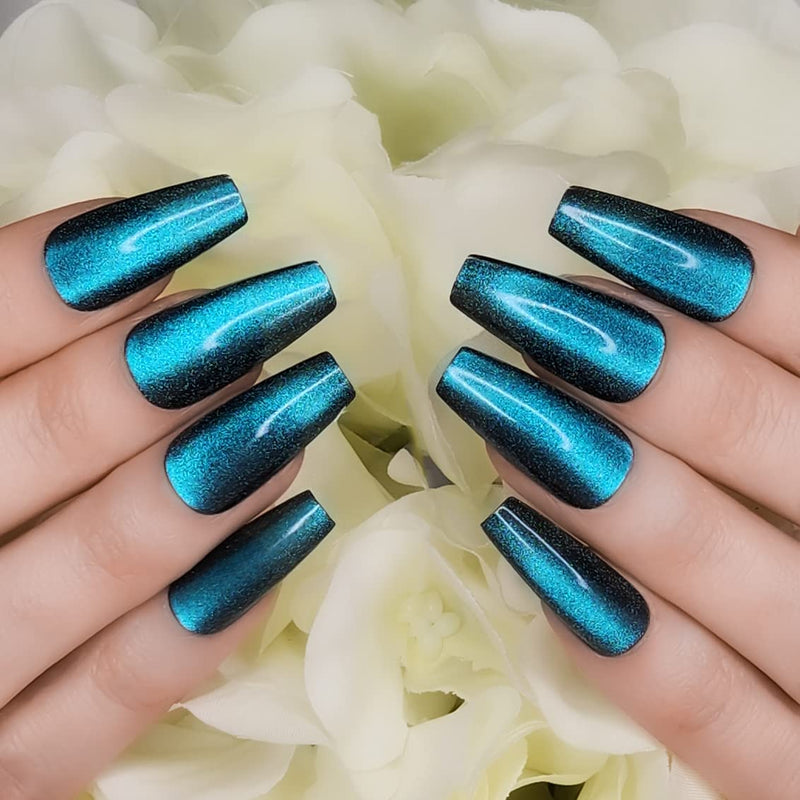 Hypnaughty Press On Nails - Ocean & Galaxy Cat Eye Coffin, Trendy & Salon Quality Reusable Nails With Kit