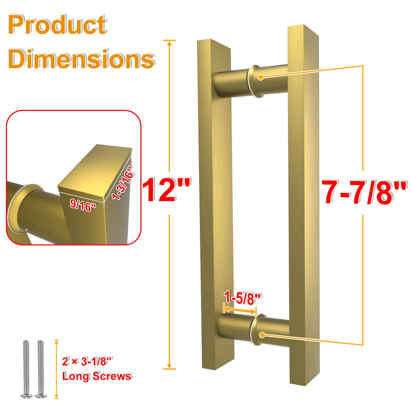 Titanium Gold Square Barn Door Handles 12"/16"/18"/24"/36"/48"/59'', Pull Push Long French Door Handle Double Sided, Large Front Exterior Shower Door Pull Handles 12inch / 30cm Brushed Gold