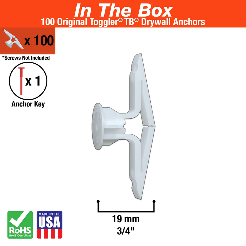 TOGGLER Toggle TB Residential Drywall Anchor, Polypropylene, Made in US, 3/8" to 1/2" Grip Range, For #6 to #14 Fastener Sizes (Pack of 100) Pack of 100