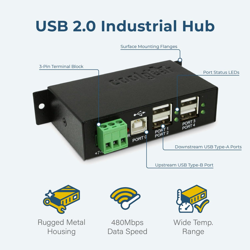 Coolgear Industrial 4-Port Powered USB 2.0 Hub with Port Status LEDs, Metal Housing, 7-24 VDC Input, Wall and DIN-Rail Mountable, PC & Mac Compatible Hub Only