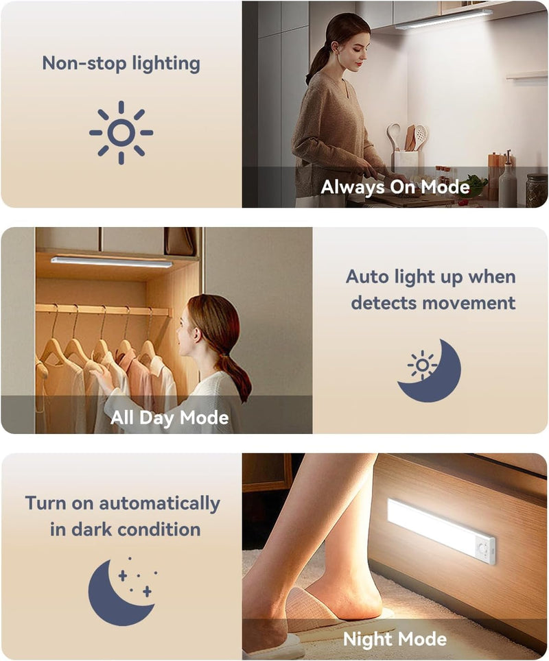 Under Cabinet Lighting, LED Motion Sensor Light Indoor, 2200mAh USB Rechargeable Closet Lights Battery Operated, Stick On Magnetic Wireless Dimmable Under Counter Lights for Kitchen, Stairs (2 Pack) White Light 8 inch