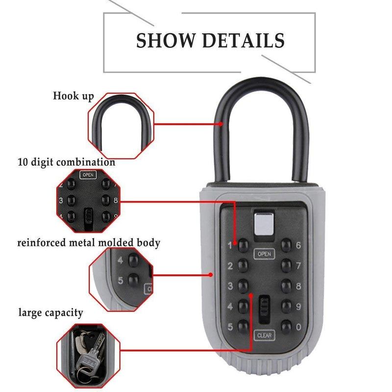 Key Lock Box,Realtor Key Lock Box Safe Lockbox 10-Digit Push Button Combination Safe Vault - Portable Outdoor Stor a Key - Door Handle or Fence Mount.