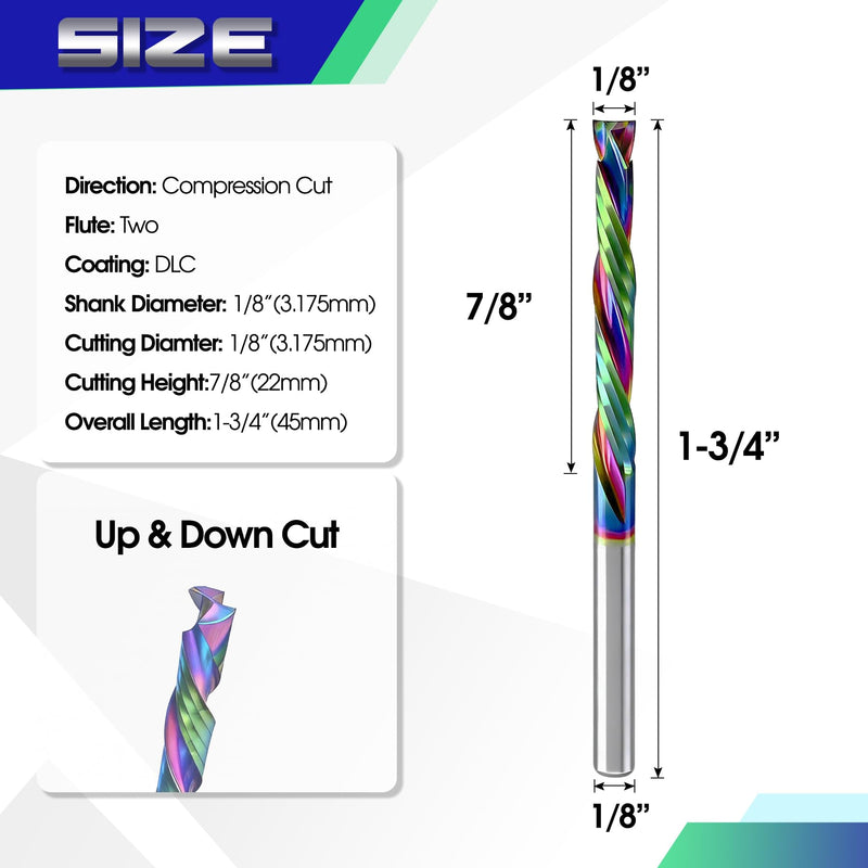 Compression CNC Router Bits with DLC Coating, 1/8 inch Shank 2 Flutes Spiral End Mill Wood Cutters Up & Down Cut Solid Carbide Endmills Milling Cutter for Wood PVC Engraving (Pack of 10)