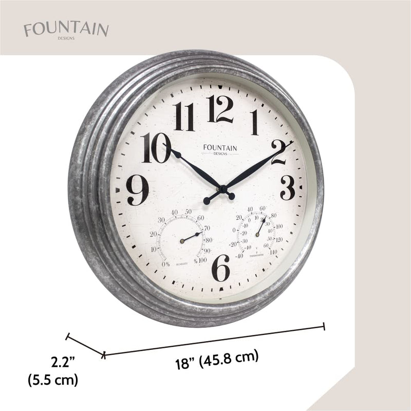 18 Inch Outdoor Clocks for Patio Large Waterproof with Thermometer, Large Wall Clock with Temperature and Humidity Combo,Weatherproof for Pool Decor,Galvanized Finish Galvanized 18 inch