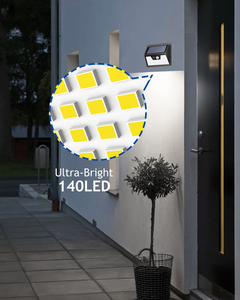 Peasur Solar Lights Outdoor Motion Sensor, 6 Pack 140 LED Solar Powered Fence Light Waterproof, 3 Modes Solar Security Wall Lighting for Outside Yard Deck Garden Black Frame