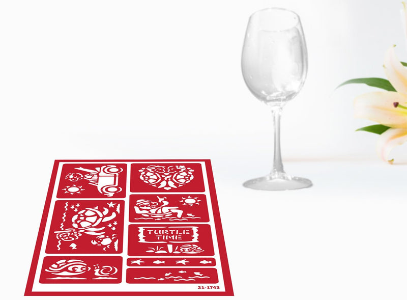 2 Glass Etching Stencils Reusable Template - Hawaii Theme Beach Stencil - Reusable Self Stick Etching Templates with Flamingo, Turtle Design - Set with Brush