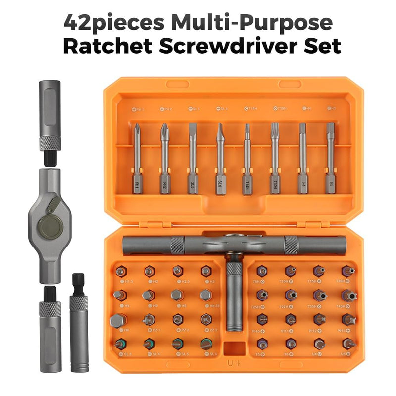Screwdriver kit 42 in 1 aluminum alloy material, ratchet magnetic, DIY combination flexible shaft, suitable for furniture assembly, electrical repair, bicycle tools, Orange Ratchet screwdriver kit